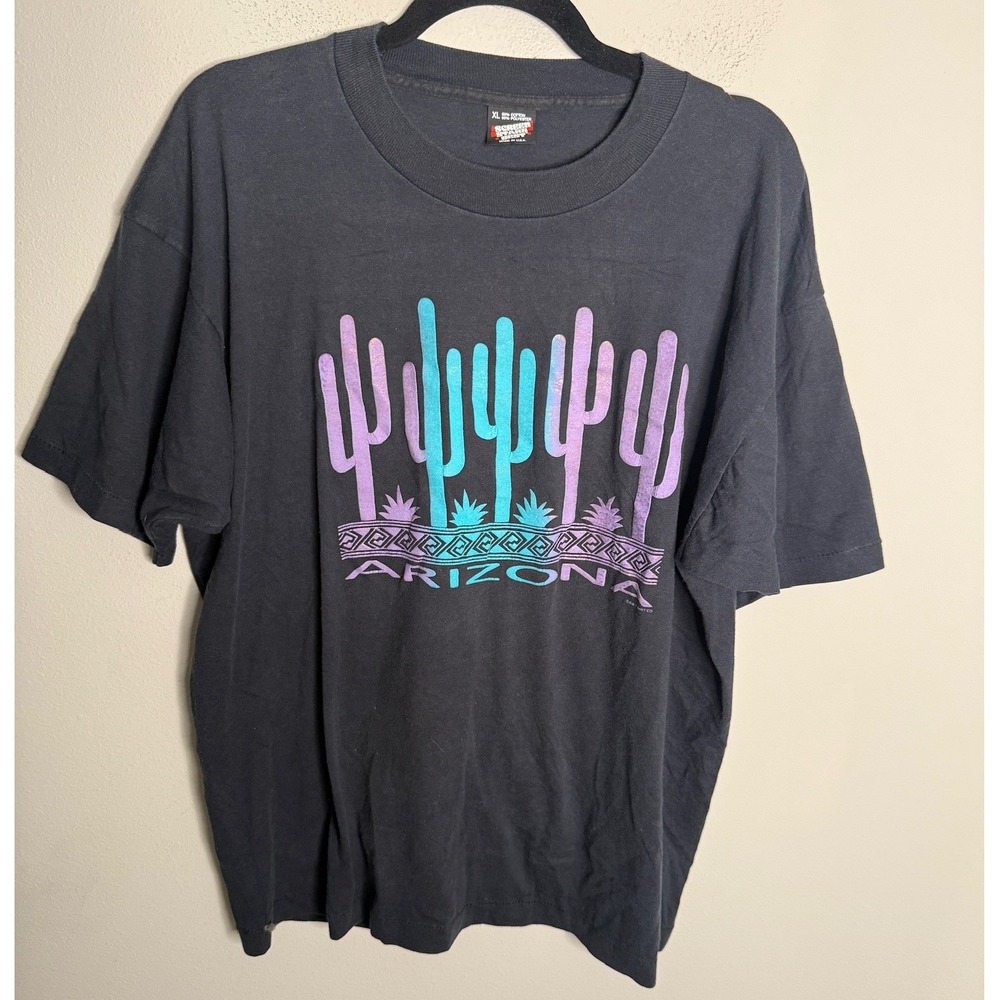 Vintage Screen Stars Best Men's XL Gray Arizona Cactus Print T Shirt Casual 90s